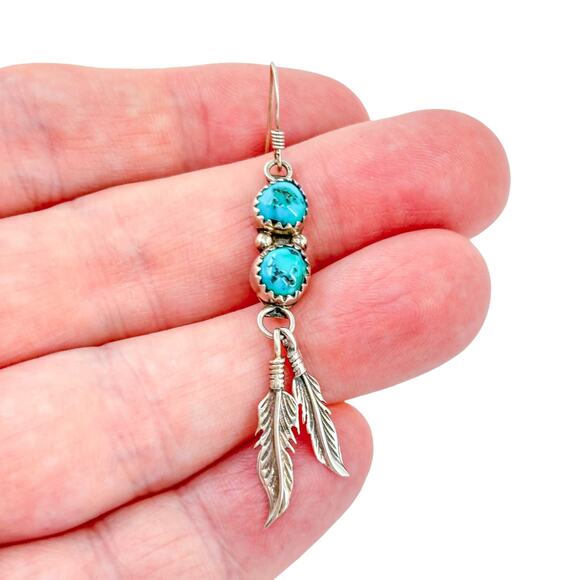 Turquoise Feather Single Dangle Earring | Southwest Vintage Sterling Silver 925 - Picture 1 of 7